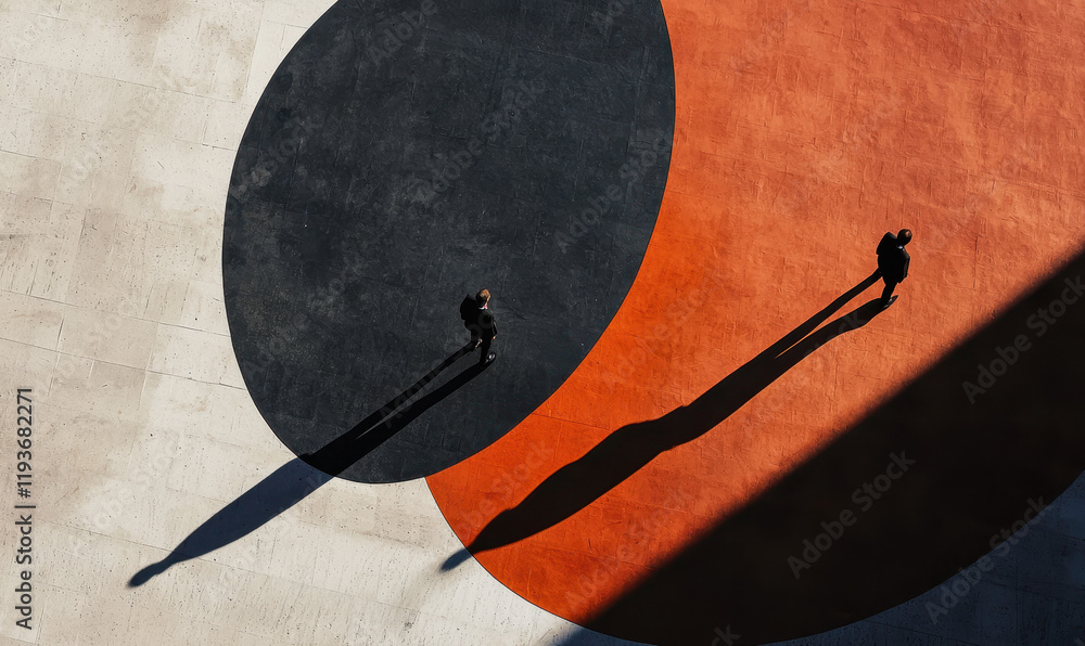 Poster dynamic urban scene with bold geometric shadows and minimalist design captured from above