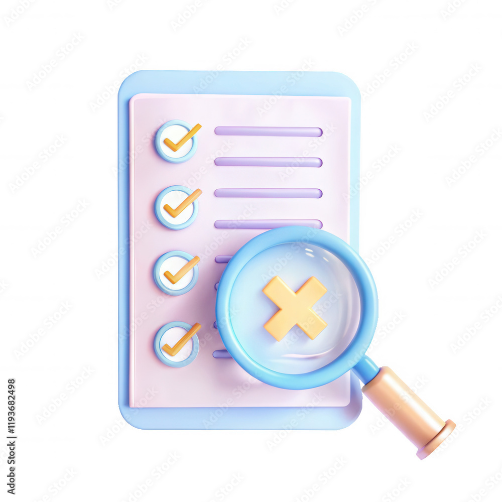 Aufkleber a 3d render featuring a checklist with checkmarks and a magnifying glass focusing on a red cross, sy
