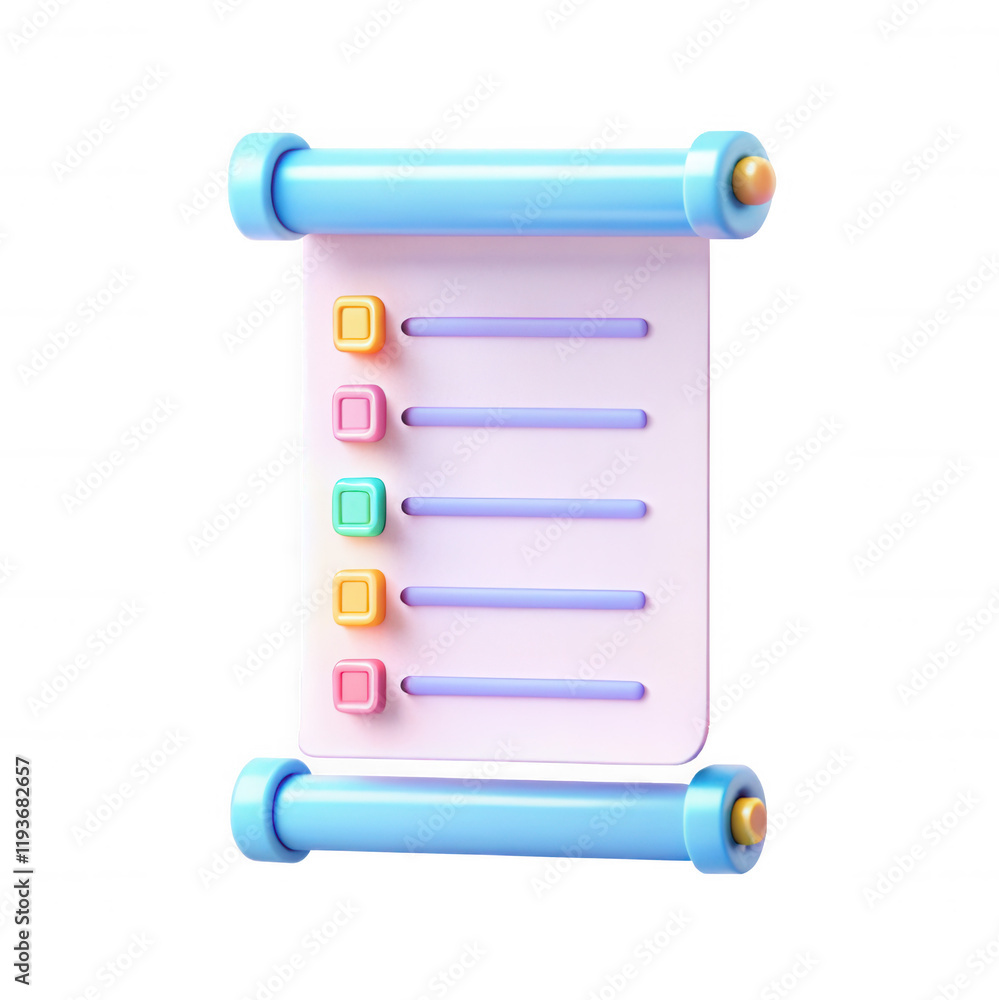 Poster a playful 3d rendered scroll list featuring colorful buttons and a pink background. the item is desi