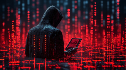 Hooded figure analyzing digital matrix in red cyberpunk setting, hacker concept