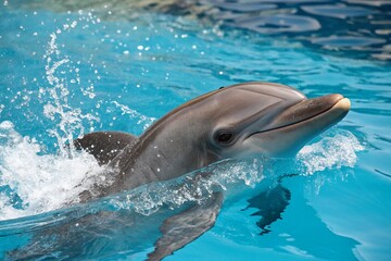Playful Dolphin Splashing in Clear Pool Water - Stock Photo