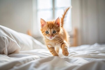 Playful Ginger Kitten on White Bedding &ndash; Adorable Pet Stock Photo