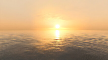 A photorealistic view of a calm ocean with gentle ripples reflecting the golden hues of a rising sun.