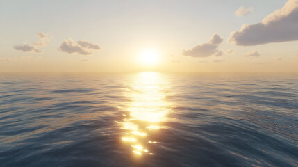 Obraz premium A photorealistic view of a calm ocean with gentle ripples reflecting the golden hues of a rising sun.