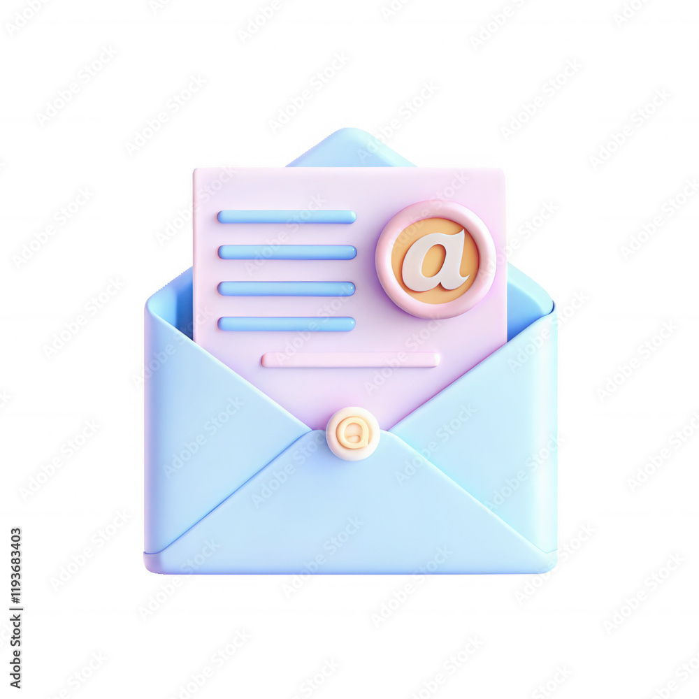 Poster a 3d render of a pastel-colored envelope containing a letter with an email symbol. the design is mod