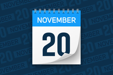 Calendar page with date November 20 vector illustration background