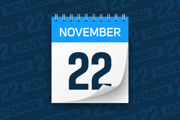 Calendar page with date November 22 vector illustration background