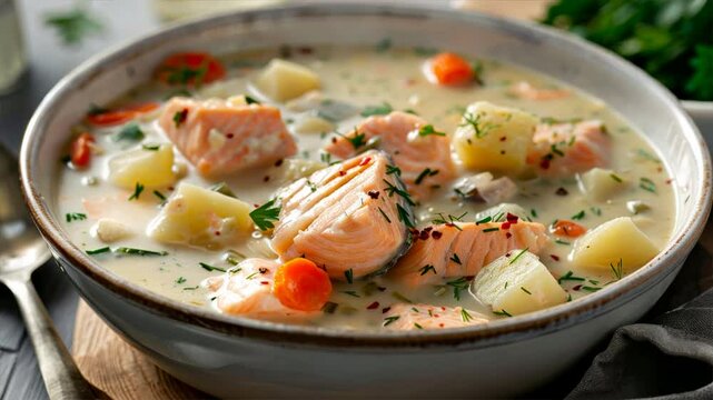 Creamy salmon soup bowl with vegetables, potatoes, and carrots, garnished with fresh herbs for comforting meal full of rich flavors and warmth.