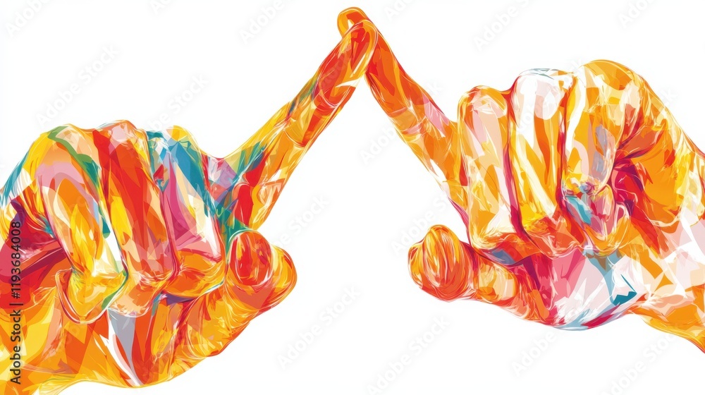 Poster colorful artistic illustration of two hands pointing towards each other with vibrant abstract patter
