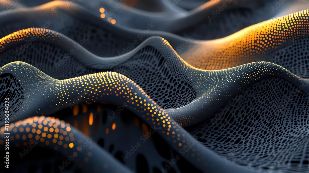 Poster abstract image featuring dark wavy surfaces with golden light and dotted particles creating a shimme