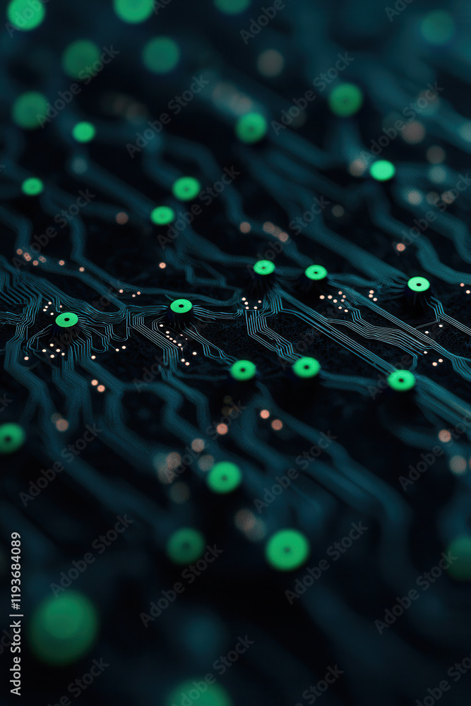 Poster intricate circuit board design showcasing advanced technology and microchip connectivity in modern e