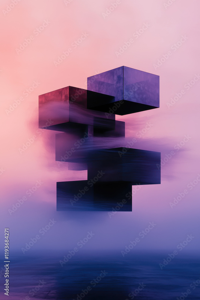 Aufkleber surreal floating geometric cubes in gradient mist with intriguing illusion in abstract art