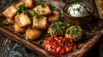 A gourmet platter featuring fried ravioli mozzarella arancini and crispy herb-stuffed mushrooms garnished with parsley.