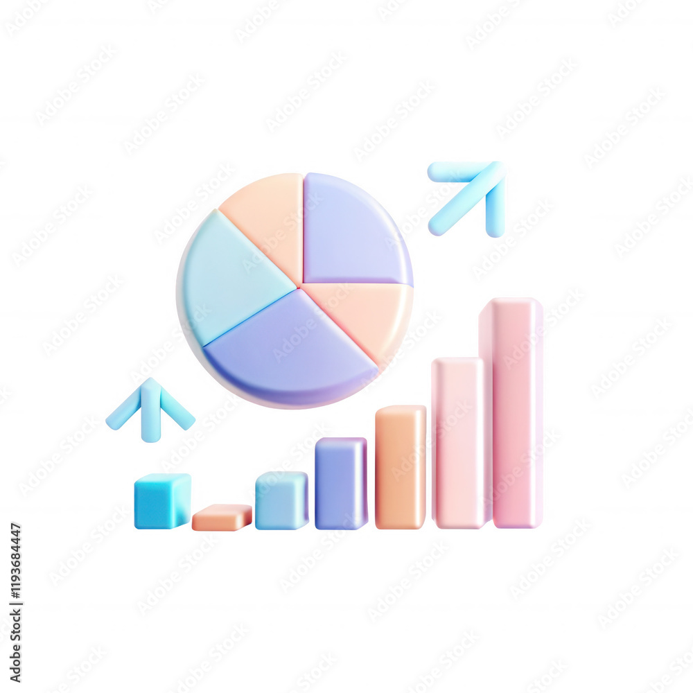 Poster a colorful 3d pie chart and bar graph with pastel colors representing growth, suitable for business 