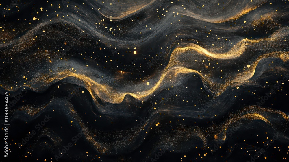 Poster abstract image featuring dark wavy surfaces with golden light and dotted particles creating a shimme