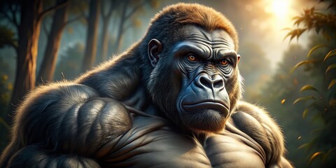 Obraz premium Powerful Buff Gorilla, Strong Primate, Muscle Ape, Close-up Portrait, Copy Space Right