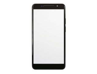 3D render of a simple flat black smartphone with a blank white screen front view isolated on a solid background.