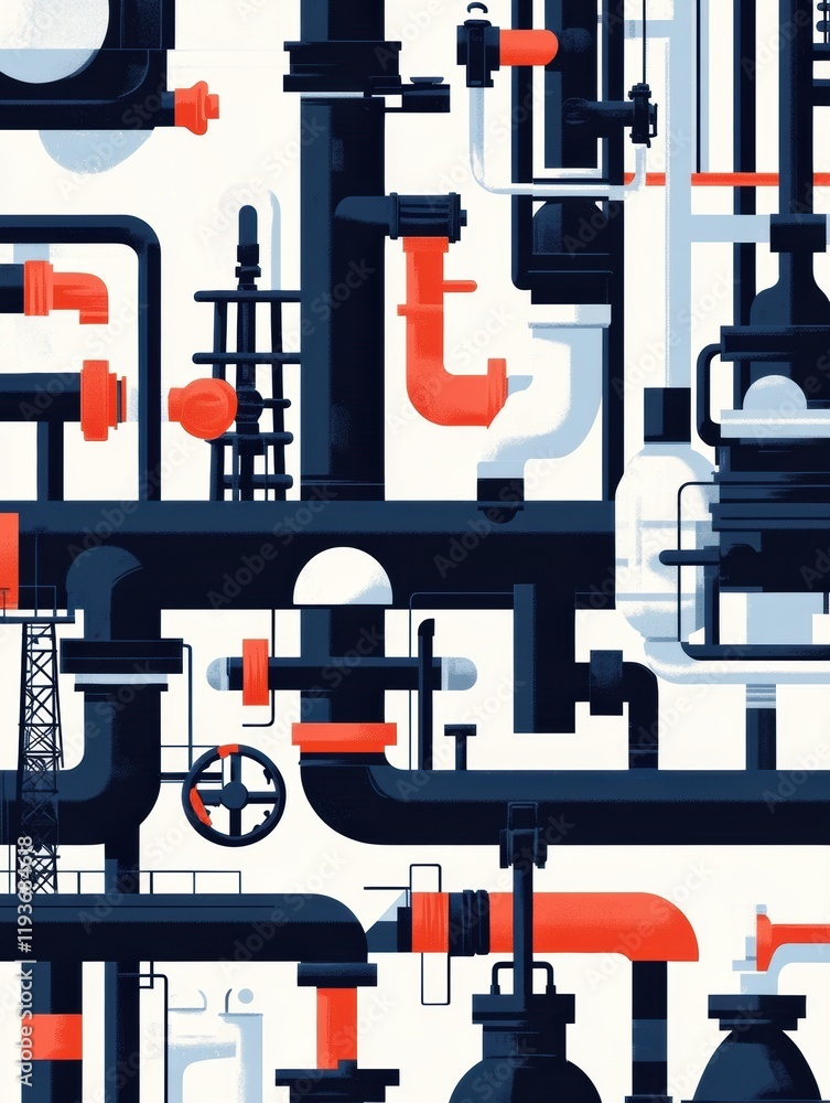 Poster geometric industrial pattern showcasing oil tanks and interconnected pipes in a dynamic arrangement.