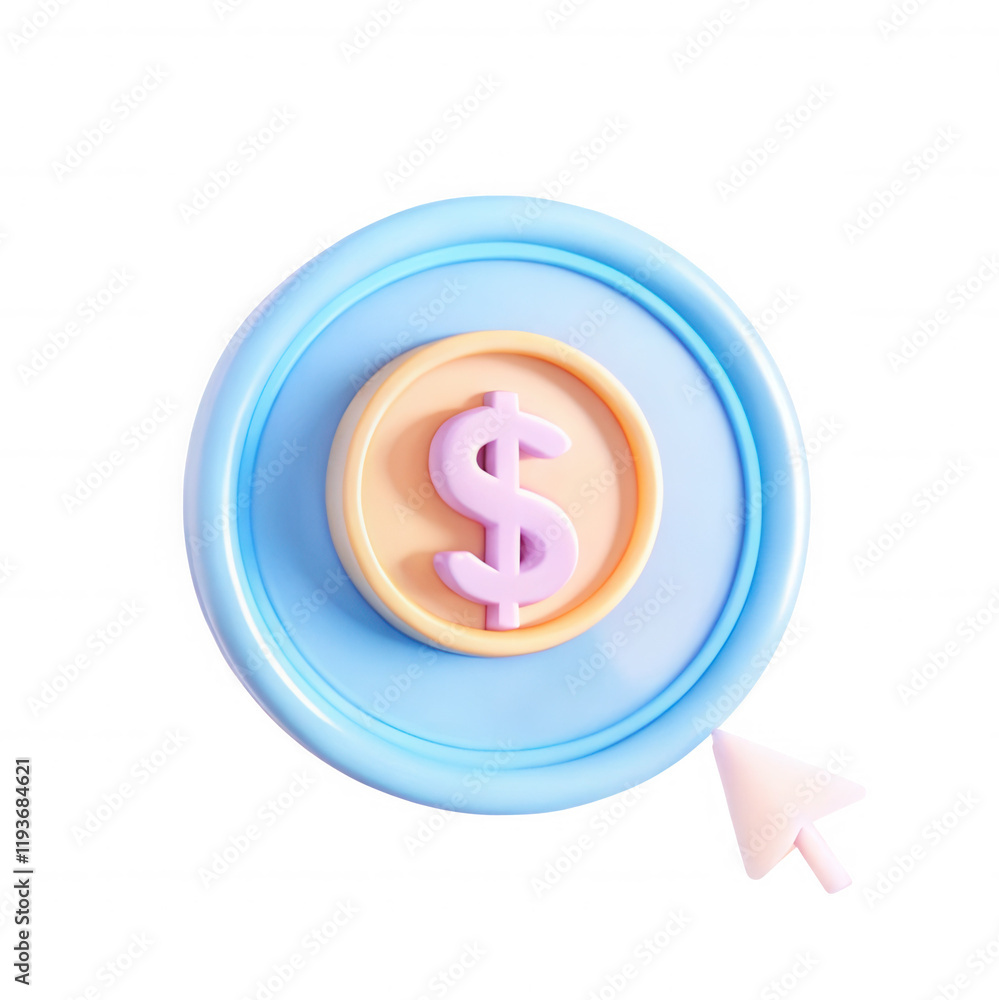 Poster a colorful 3d render of a dollar sign icon featuring a circular base with blue and orange layers. id
