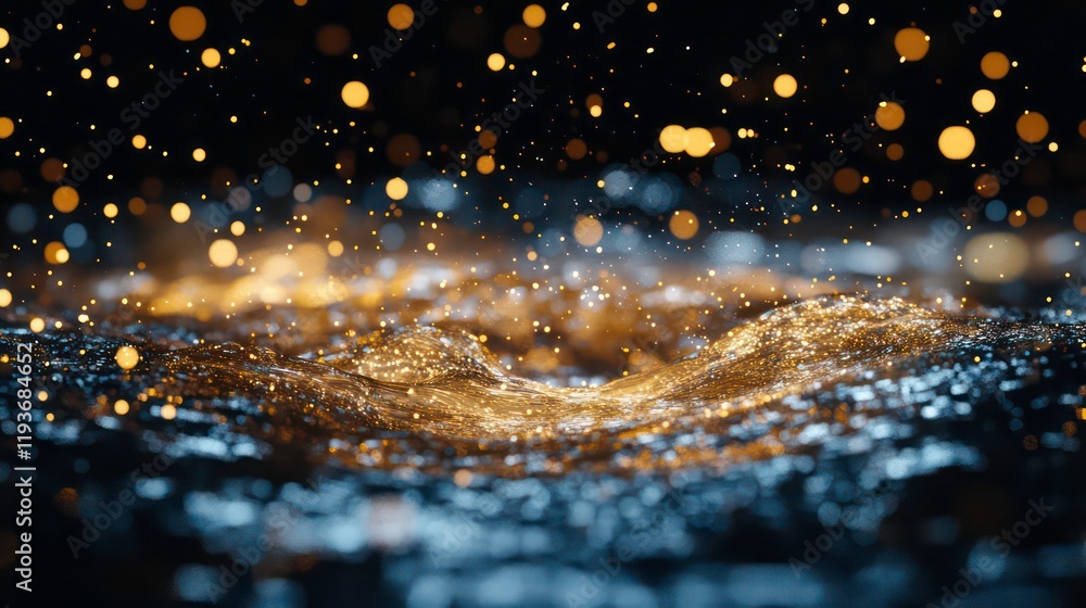 Poster abstract image of floating golden and white bokeh lights on a dark background creating a mesmerizing