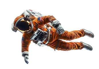 Astronaut in an orange space suit floating isolated on a white background a detailed illustration high-resolution photography a professional photograph natural lighting a simple composition