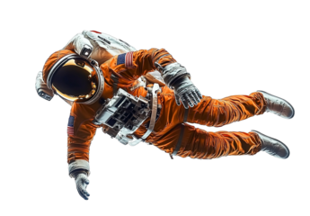 Astronaut in an orange space suit floating isolated on a white background a detailed illustration high-resolution photography a professional photograph natural lighting a simple composition