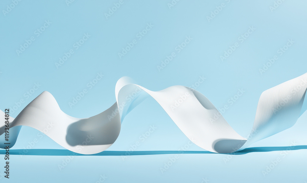 Poster elegantly flowing white ribbon on light blue background: a minimalist three-dimensional design with 