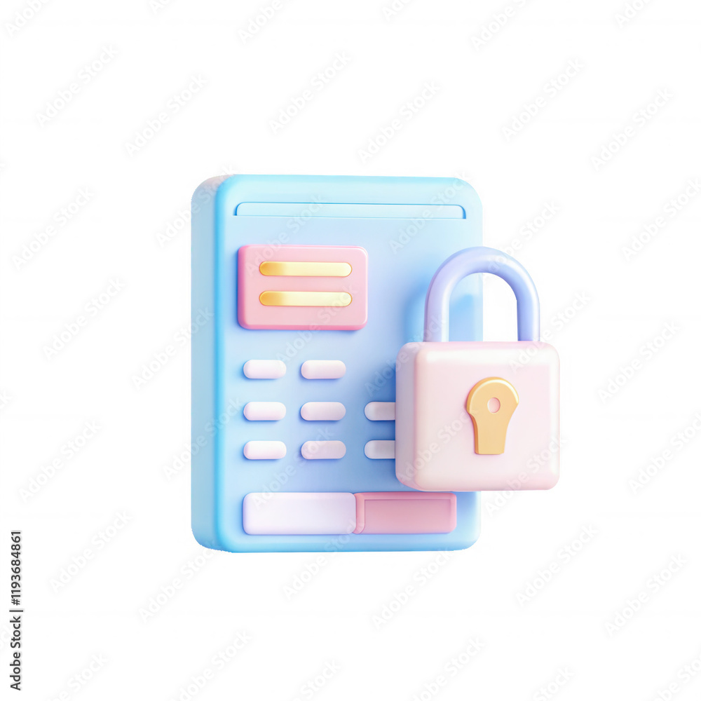Poster a colorful 3d representation of a secure access control panel with a lock, featuring pastel colors a