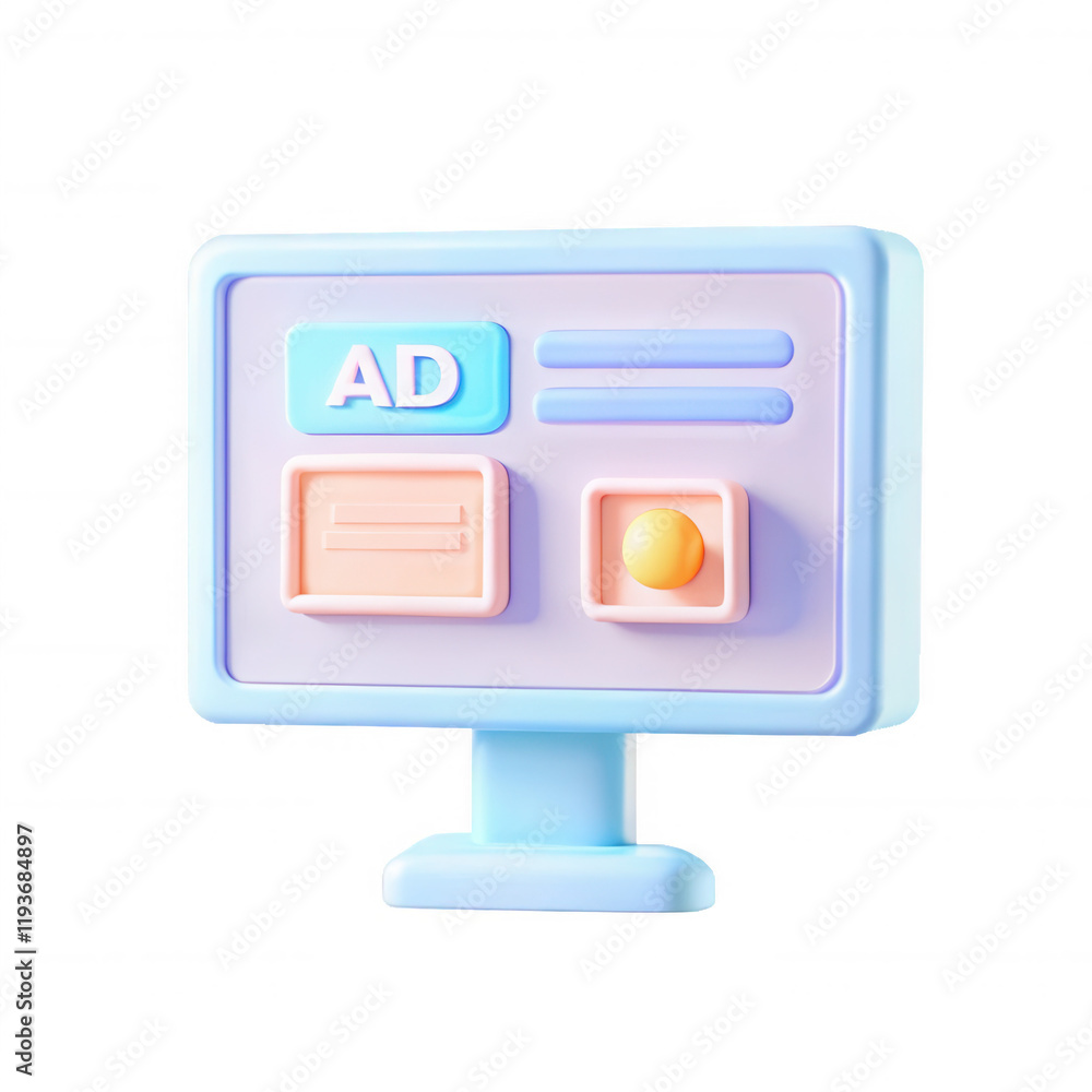 Poster a colorful 3d render of an advertising display featuring buttons and icons in pastel colors. ideal f