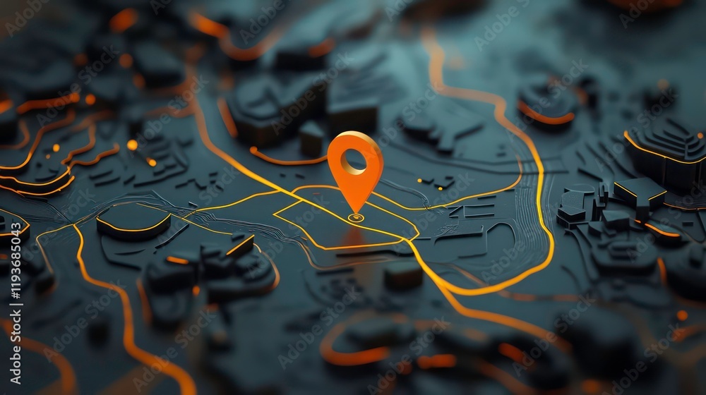Poster abstract map with raised elements and an orange location marker pin indicating navigation or gps con