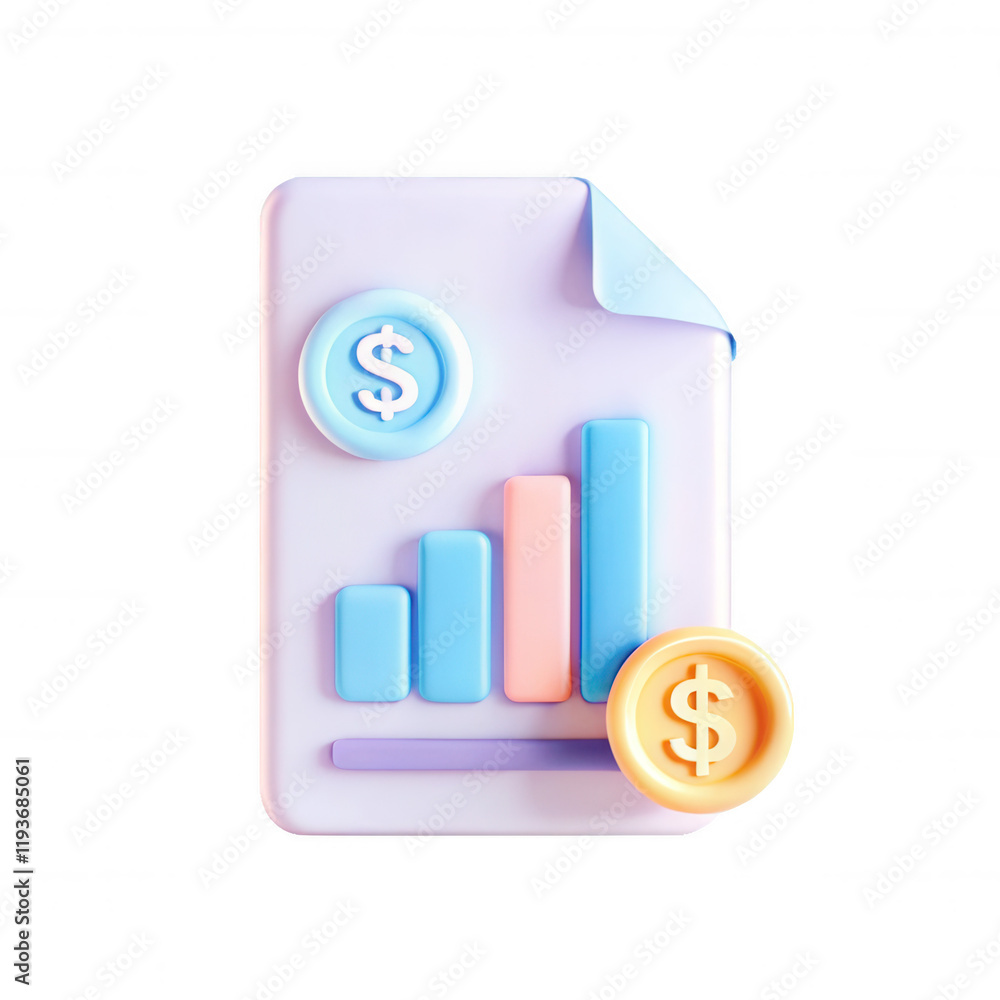 Poster a 3d render of a financial report with colorful bar graphs and dollar sign icons, emphasizing econom