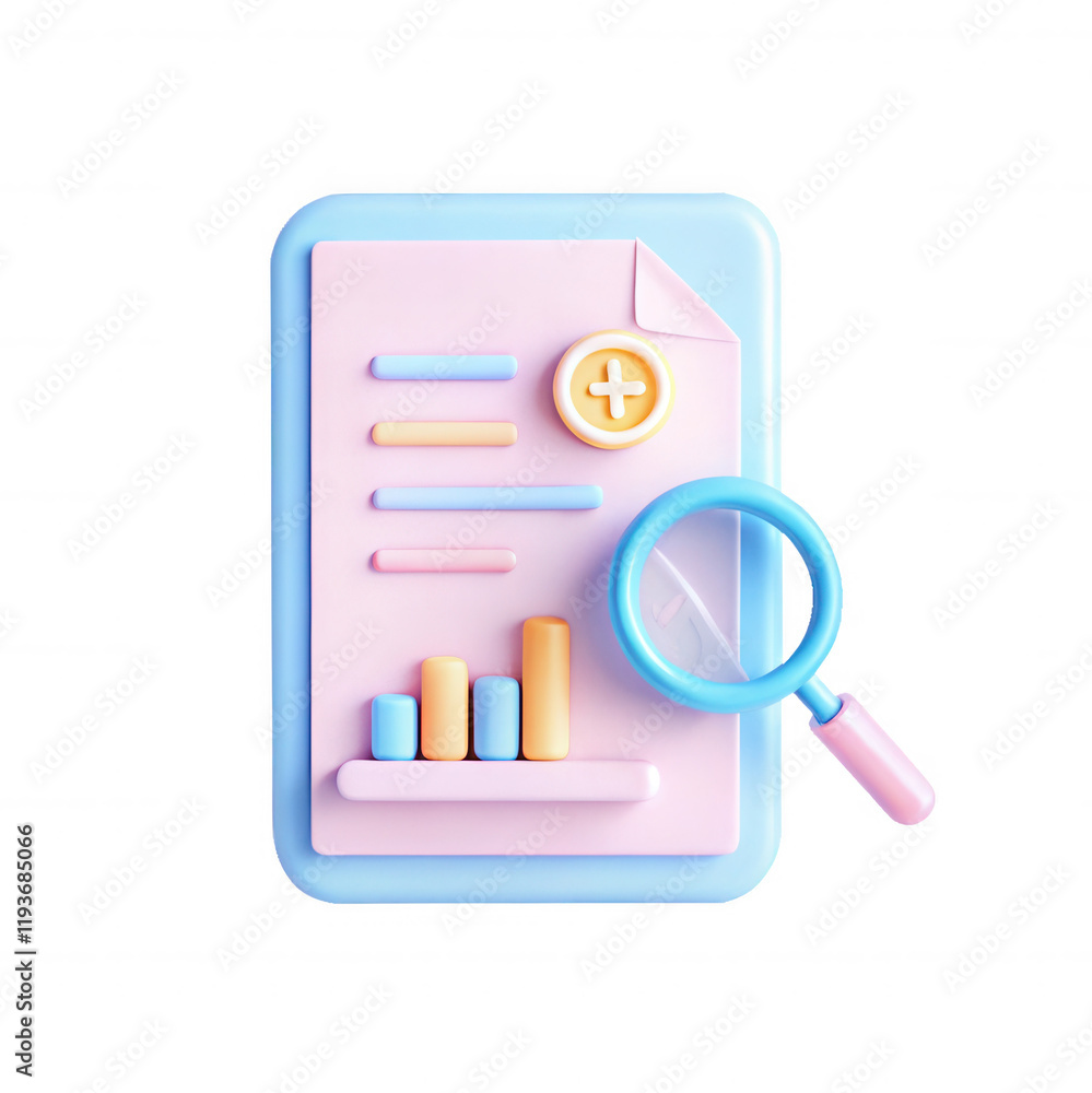 Aufkleber a vibrant 3d render of a document featuring graphs and a magnifying glass. the colors include pastel