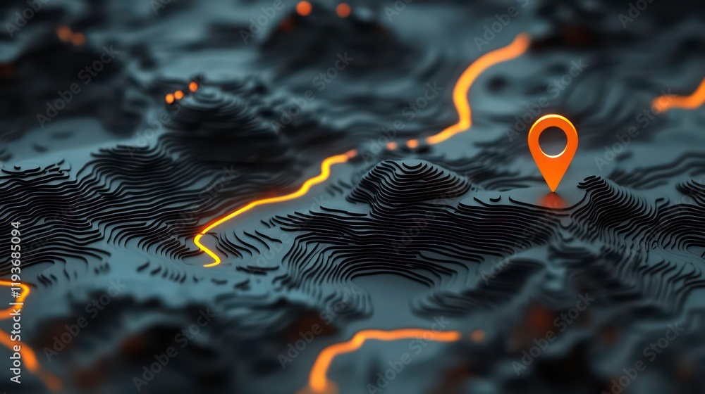 Poster abstract map with raised elements and an orange location marker pin indicating navigation or gps con