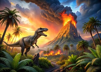 Prehistoric Volcano Eruption: Dinosaur and Lush Flora