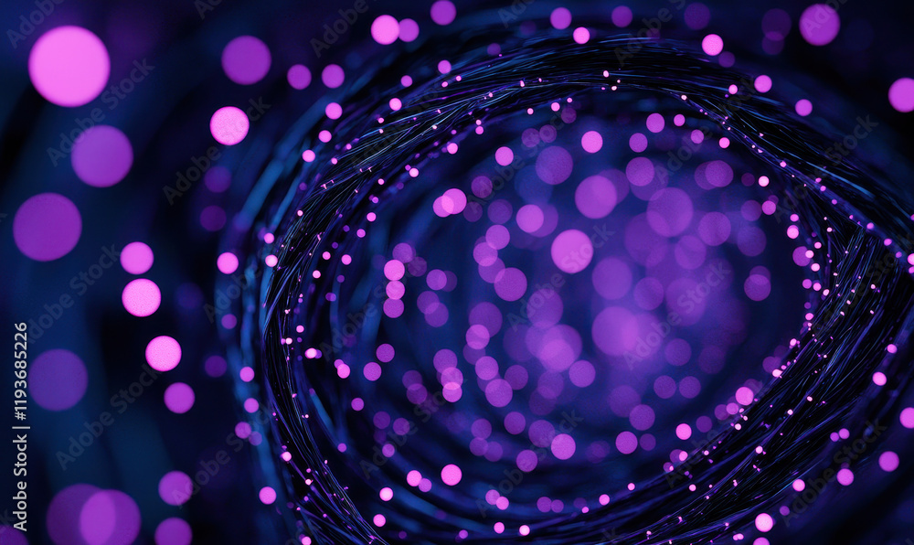 Poster explore the dynamic interplay of purple luminescent circles in a futuristic digital vortex design
