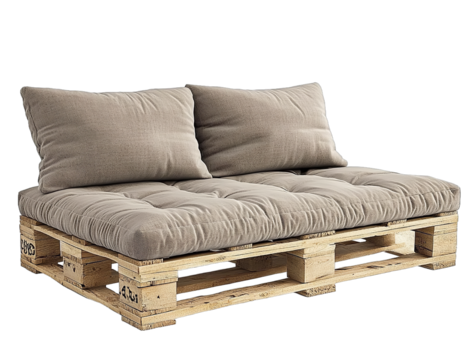 A simple and comfortable futon sofa made from pallets with light grey textured cushions against a white background showcasing the natural wood color