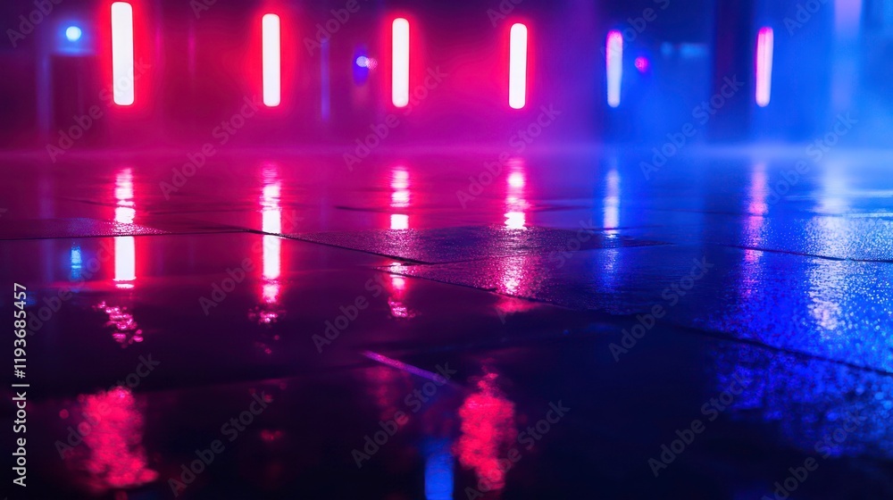Poster abstract scene with red and blue neon lights in a foggy setting reflecting on a wet floor.