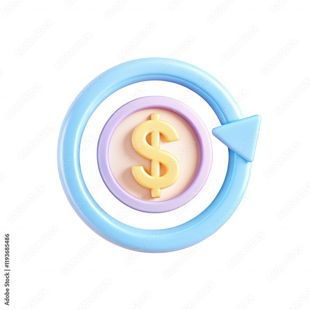 Poster a 3d render of a colorful dollar symbol inside a circular arrow. the design features a yellow dollar