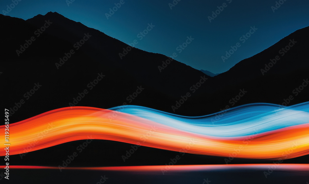 Poster mesmerizing abstract nightscape with vibrant light trails over serene mountainous horizon in dynamic