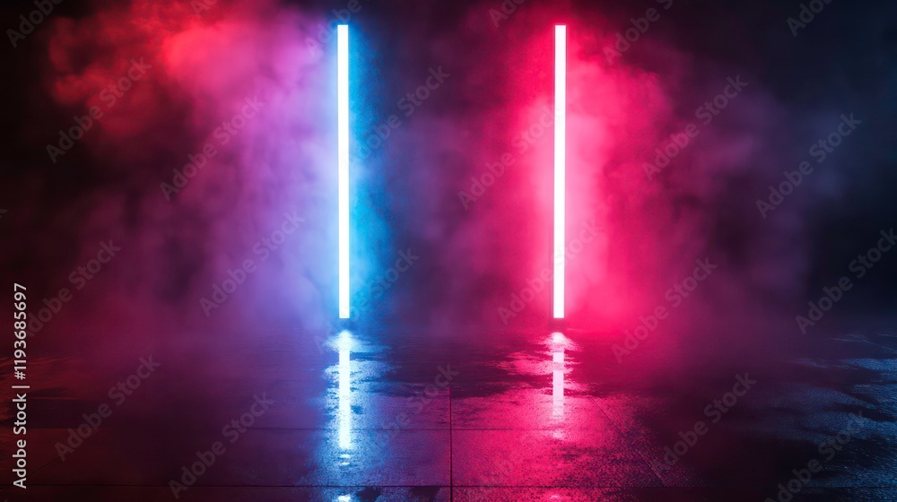 Poster abstract scene with red and blue neon lights in a foggy setting reflecting on a wet floor.
