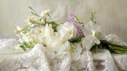 Delicate white flowers and lace.