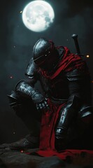 Fototapeta premium A knight in full armor, kneeling with his head bowed to the ground and tears streaming down from beneath an eye patch