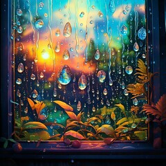 Raindrops on a Window - Vibrant Sunset Reflection