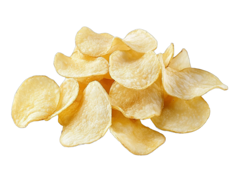 Crisp potato chips isolated on a white background with no shadow in high-resolution photography