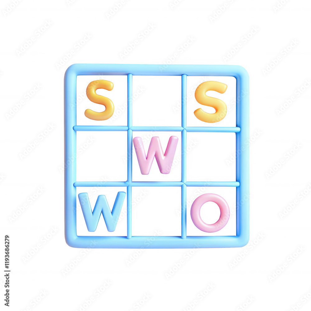 Poster a colorful game board featuring letters arranged in a grid pattern. the letters s, w, o are prominen