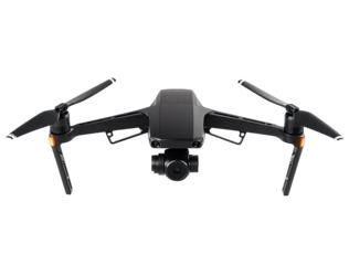 Realistic photograph of a complete black drone isolated on a solid stark white background with focused lighting