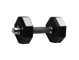 Black hexagonal dumbbell on a white background isolated professional product photography high-resolution studio shot hyper-realistic hyper-detailed