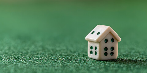 House-shaped die on green surface.  Represents chance, luck, or the real estate market.