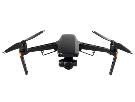 Realistic photograph of a complete black drone isolated on a solid stark white background with focused lighting