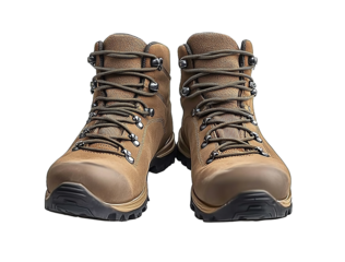 Photo of a pair of hiking boots on a white background with no shadows and isolated from the edges with no shadow.